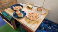 Our evening meal prepared from scratch in the galley. Chicken, tomatoes and pasta shells in a cheese sauce. Rolls were warmed in the oven. Very nice.