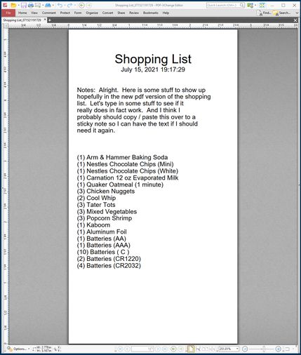 Image: A PDF of the printed shopping list.