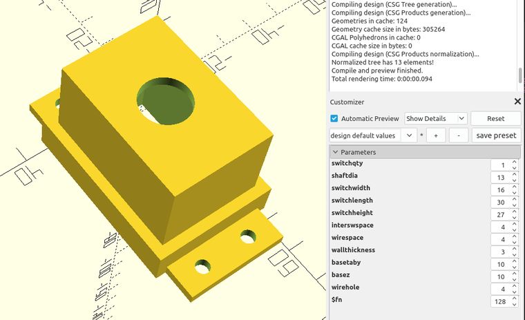 The openSCAD interface showing the switch housing.